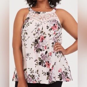 Torrid Goddess Neck Challis Sleeveless Floral Lace Yoke Tank Boho Cottagecore